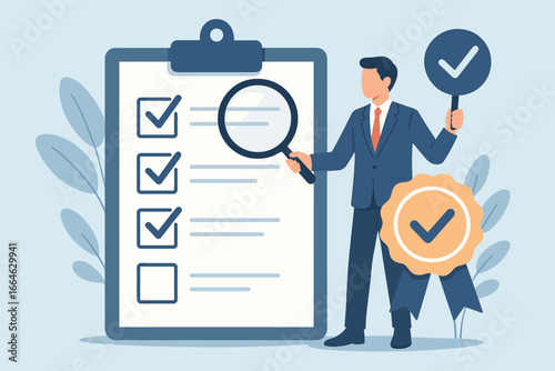 Quality control concept. Businessman with magnifying glass checks clipboard checklist. QC process for product excellence and service delivery. Certified approval, guarantee assurance.
