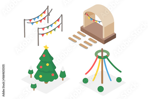 Seasonal festival isometric icon set. Holiday celebration vector elements. Christmas tree, maypole, concert stage, and bunting decoration for public fair or market. Flat design.
