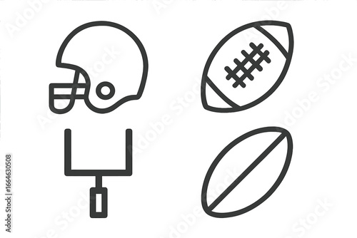 American football and rugby sport line icon set. Vector symbols of helmet, ball, and goal post for game or championship design. Sports equipment outline illustration