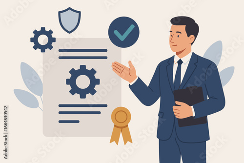 Standardization and certification concept. Compliance with regulations and standards. Quality control assurance, policy, and business process management with manager character.