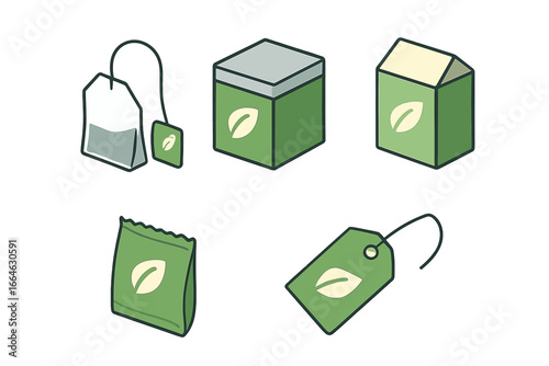 Isometric tea packaging icon set. Vector illustration of various tea containers like a teabag, tin can, cardboard box, sachet pouch, and label tag for branding mock-ups.