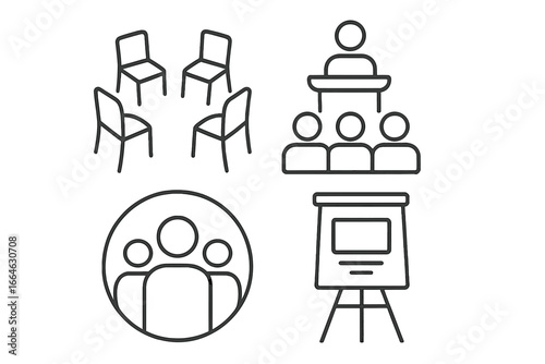 Group therapy and business meeting outline icon set. Vector icons of support group, conference speaker, team, facilitator and presentation flip chart for corporate training.