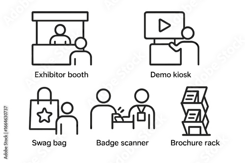 Trade show and exhibition icon set. Vector line art symbols for business events, conferences. Includes exhibitor booth, demo kiosk, swag bag, badge scanner, and brochure rack.