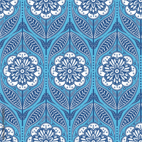 floral boho medallions in ellipse blue and white seamless pattern, vector illustration repeat design print