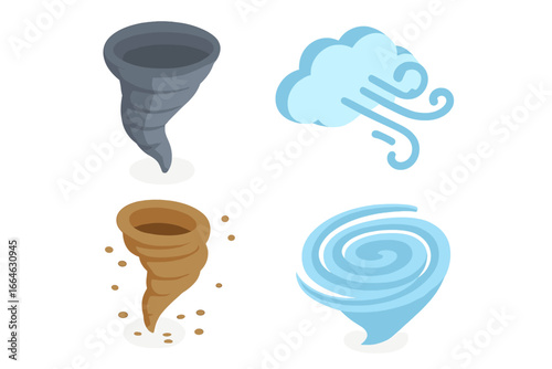 Isometric wind phenomena icons. Flat vector icon set of weather events like tornado, gust, dust devil, and whirlwind. Meteorology, storm, cyclone, twister symbols.