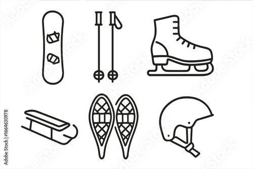 Winter sports icons. Outline icon set of winter activities. Snowboard, ski poles, ice skates, sled, snowshoes, helmet. Vector illustration. Cold season recreation equipment.