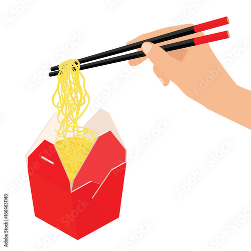 Asian food delivery. Eating with chopsticks yummy ramen noodles
