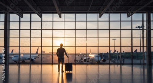 Solo passenger in airport terminal at dawn with luggage, gazing at aircraft on runway, capturing tourism, business travel, and aviation industry atmosphere.