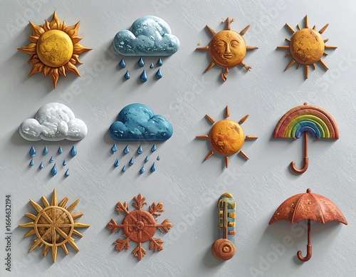 Weather symbols arranged neatly on a white wall representing various conditions like sun, clouds, rain, and rainbows in a playful and educational display.