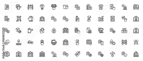 Greenhouse icon set. Gardening vector illustrations. Includes symbols for plant, watering can, smart greenhouse, smartphone, seedlings, gardening tools and more. Editable stroke.