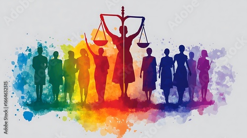 Diverse figures, balance scales, justice