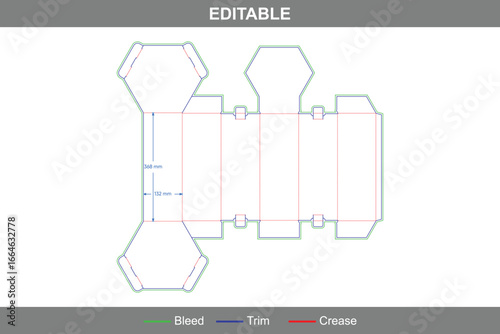 Custom dimensions polygonal boxes hexagonal dieline, six-sided gift box template, folding carton layout, printable box dieline for retail and specialty packaging
