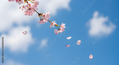 Bunga sakura merah muda yang lembut mekar di langit biru cerah dengan awan putih lembut, sempurna untuk promosi musim semi dan proyek bertema alam