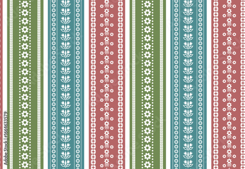 scandi flower blooms leaves floral botanical stripes seamless pattern in pale muted green blue teal red, vector illustration repeat print