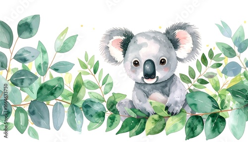 Adorable koala sitting amidst lush green foliage, watercolor style