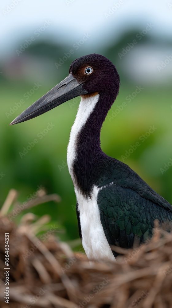 A striking stork, with fine plumage, gazes thoughtfully in a vibrant green environment A striking stork, with fine plumage, gazes thoughtfully in a vibrant green environment