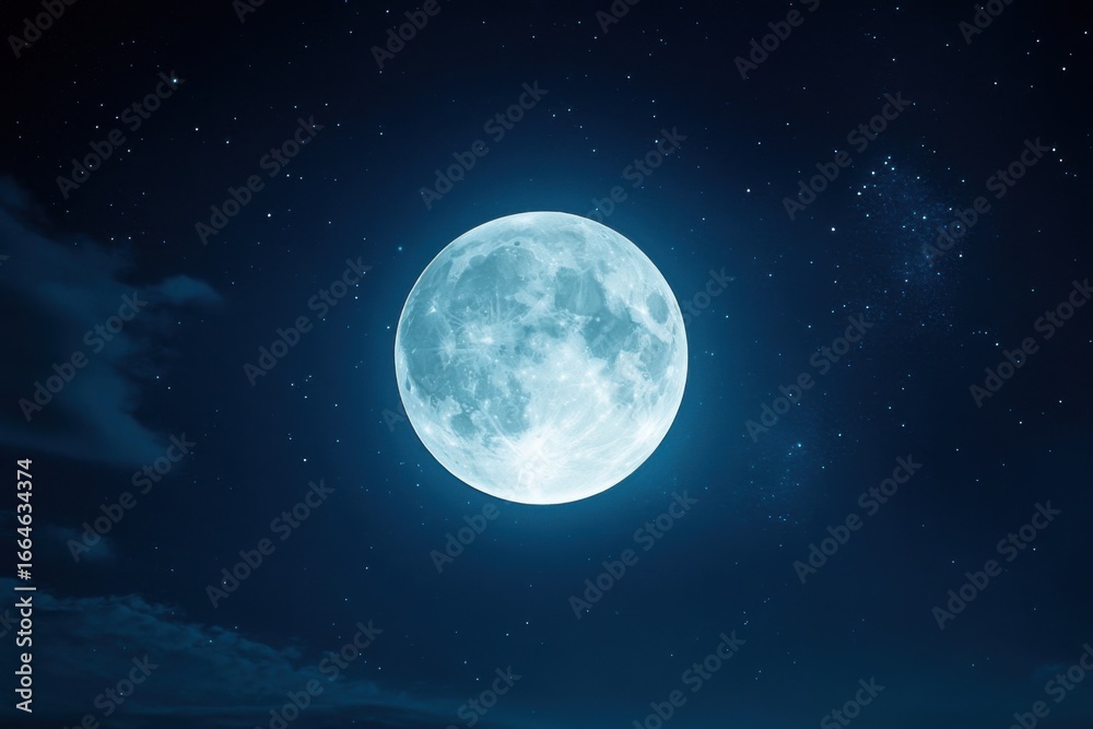 Fototapeta premium Bright full moon glowing in a clear night sky surrounded by stars. This image symbolizes mystery, astronomy, nature, and the beauty of celestial landscapes.