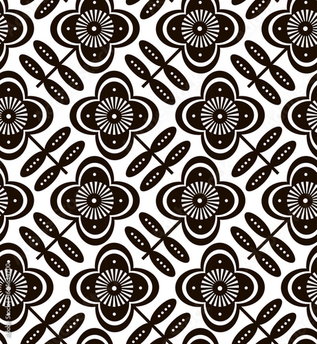 modern retro geometric diagonal flowers blooms in black and white seamless pattern, vector illustration repeat design print