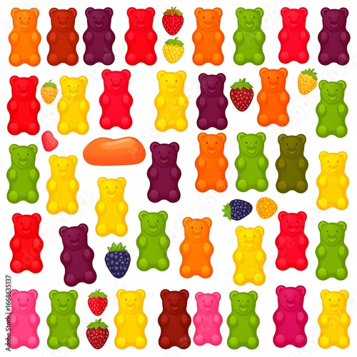 Colorful gummy bears and fruits pattern