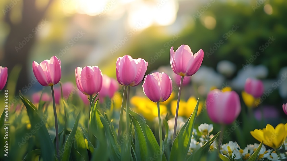 Obraz premium Blooming tulips in spring garden close up view high resolution picture