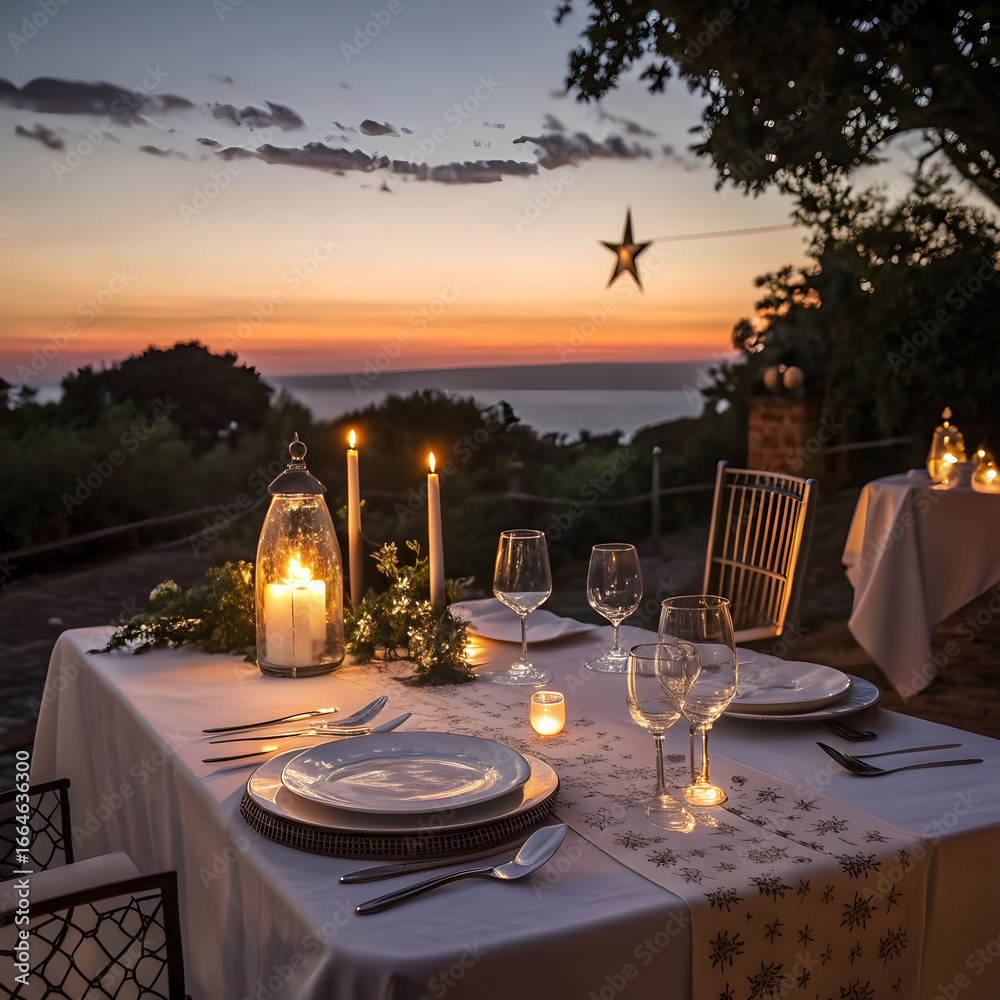 Fototapeta premium Romantic Sunset Dinner Table Setting: Elegant Outdoor Dining Experience with Candles and Ocean View