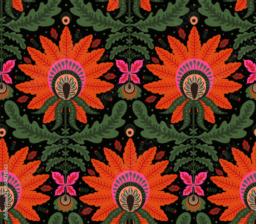 folk art hand drawn symmetrical autumn fall whimsy fairy flowers in fancy orange sage green pink colors on dark background seamless pattern, vector illustration repeat design print
