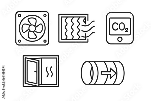 Air quality control icons. Outline icon set for ventilation, fan, air filter, CO2 monitor, open window, and HVAC duct. Vector symbols for clean fresh air and climate concept.