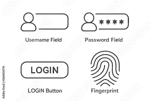 Vector icon set for user authentication and security. Outline icons for a login page UI design including username, password field, and a biometric fingerprint verification concept.