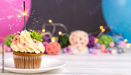A charming birthday cupcake with a sparkler, decorated with buttercream frosting and floral accents, sits on a white plate, against a backdrop of colorful balloons and party decorations.
