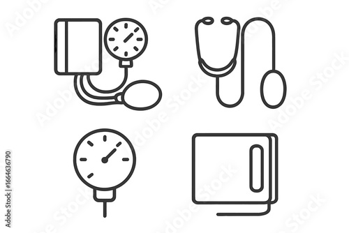 Blood pressure monitor outline icon set for medical and healthcare concepts. Vector sphygmomanometer, stethoscope, manometer gauge, and cuff for cardiology and hypertension.