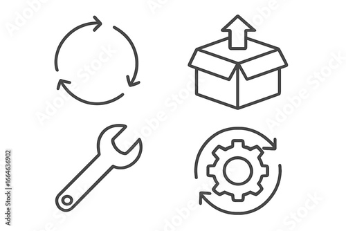 Circular economy outline icon set. Vector icons for sustainable business models. Concepts of take-back, repair, refurbish, recycle and reuse. Loop arrows, wrench and gear.