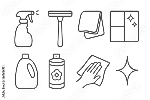 Cleaning tools icon set in a thin line art style. Home, office, and janitorial cleaning symbols like spray bottle, squeegee, cloth, window washer, detergent, and polish.