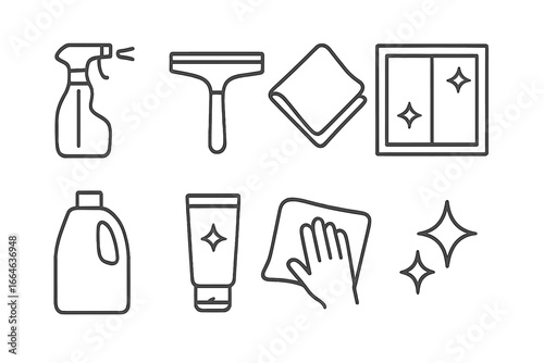 Cleaning services outline icon set. Housekeeping and hygiene symbols for home and office. Editable vector illustration of spray bottle, squeegee, detergent, and window washing.