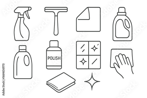 Cleaning tools icon set. Outline style home and office cleaning symbols. Spray bottle, squeegee, cloth, window, detergent, polish, wiping cloth, sparkle. Housekeeping. Hygiene.