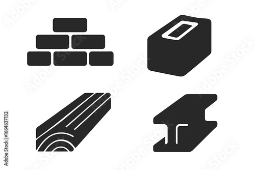 Construction material solid glyph icons set. Vector pictograms of building supplies. Bricks, concrete block, wood plank, timber, and steel i-beam. Industrial architecture elements.