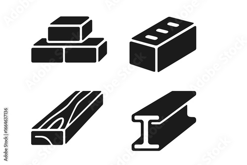 Construction materials solid glyph icons set. Building industry supplies. Brick, cement block, wood plank, lumber, steel I-beam. Vector symbols for house building design.