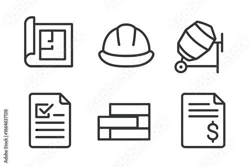 Construction line icon set. Vector outline symbols for building and architecture. Includes blueprint, hard hat, concrete mixer, checklist, bricks, and cost estimate icons.