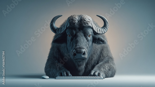The buffalo turned his head to look at the buffalo's hand at the keyboard.