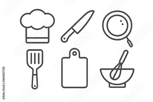 Culinary icon set for cooking class. Outline icons of kitchen utensils and equipment. Chef hat, knife, pan, spatula, board, whisk. Vector symbols for gastronomy and food prep.