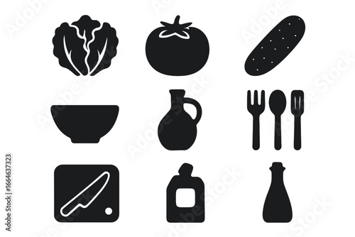 Cooking and kitchen solid icons set. Culinary food preparation glyphs. Recipe ingredient symbols like lettuce, tomato, cucumber, oil, and cutlery for healthy eating.