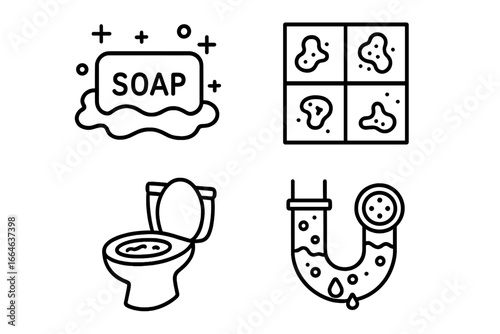 Dirty bathroom icons. Outline icon set of unhygienic scenarios. Soap scum, moldy tile, stained toilet bowl, clogged drain. Vector concept for cleaning, hygiene, plumbing.