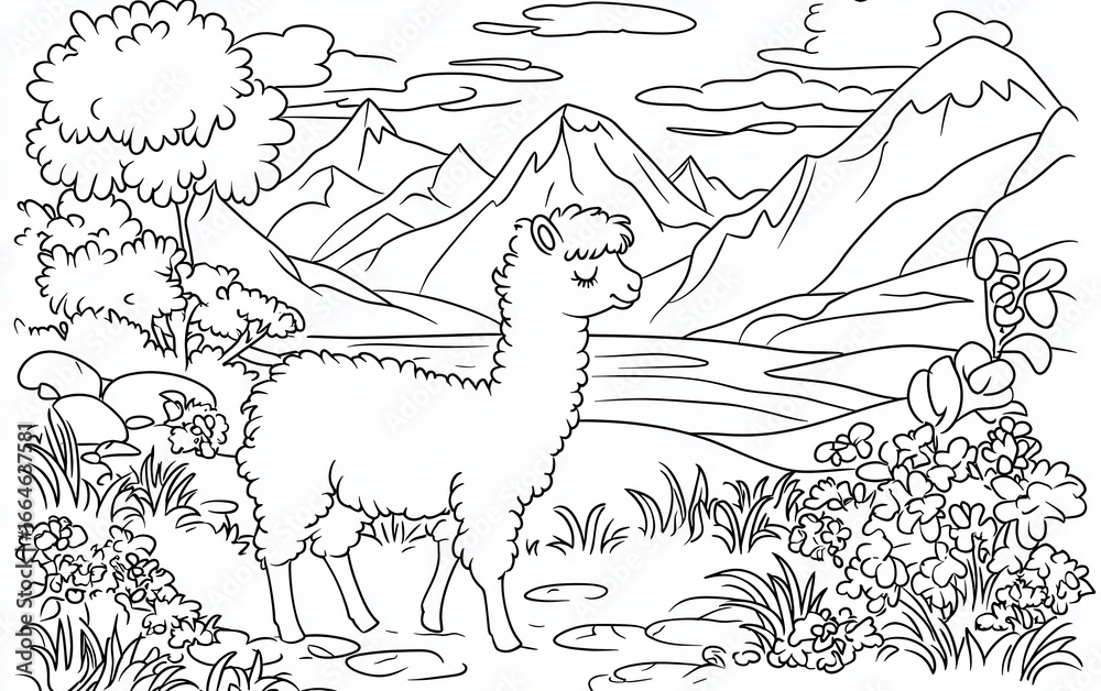 Fototapeta premium Cute alpacas in the mountains coloring book page, featuring fluffy alpacas grazing on green hills, with snow-capped mountains and a bright blue sky, relaxing and simple, 
