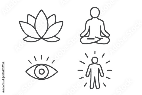 Enlightenment icon set for spiritual practice and mindfulness. Vector collection includes meditating silhouette, open lotus flower, third eye symbol, and glowing human aura.