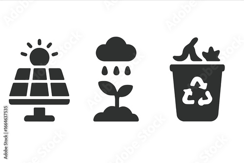 Sustainable agriculture solid glyph icon set. Eco farming, green technology, and smart farm concept. Includes solar panel, rainwater harvesting, compost, and organic vectors.