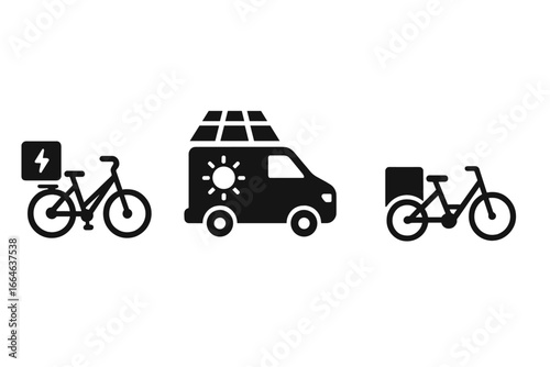 Sustainable delivery icon set. Eco-friendly transport with electric bike, solar van, and cargo bike. Green logistics and last-mile shipping vector symbols for e-commerce.
