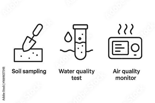 Environmental icon set. Outline icons for environmental assessments, soil sampling, water quality test, and air quality monitor. Vector illustration for ecology and science.