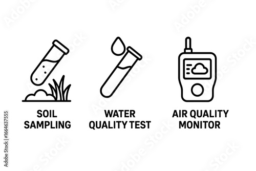 Environmental assessment icon set with outline symbols for soil sampling, water quality testing, and air pollution monitoring. Vector icons for ecology and science concepts.