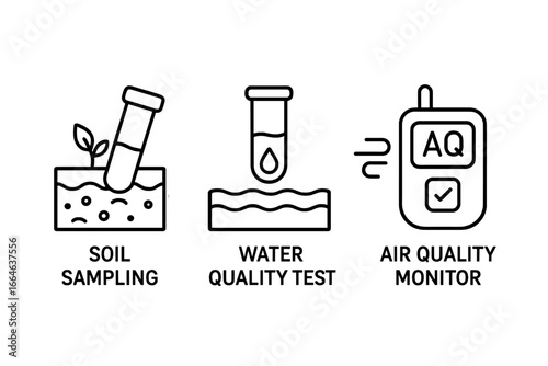 Environmental assessment icon set. Outline icons for soil sampling, water quality test, and air pollution monitoring. Ecology, conservation, and science research concepts vector.