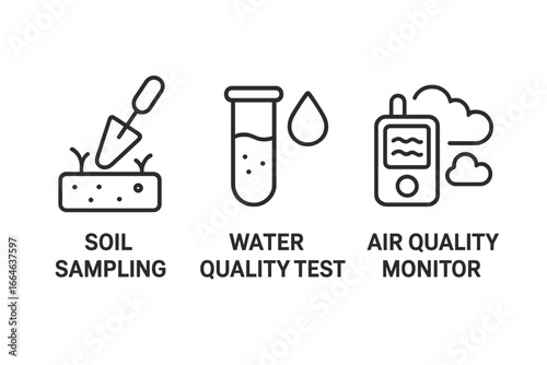 Environmental icon set. Soil sampling, water quality test, air quality monitor. Vector outline icons for pollution analysis, ecology science, and lab research concept.
