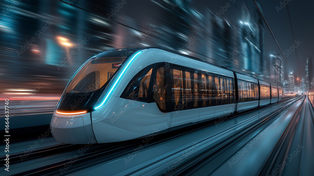 Fototapeta premium High speed futuristic train in motion, set against an urban blurred background for speed and innovation. Advanced transportation technology concept 